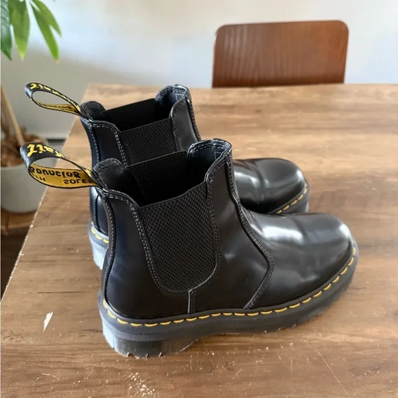 Dr. Martens Black Ankle Boots with Yellow Stitching Platform - Picture 3 of 4